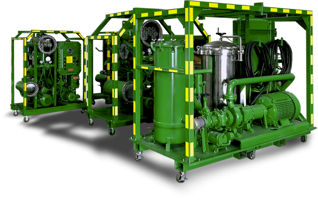 A series of several oil filtration systems built by Hydrocarbon Filtration are shown in a productized image